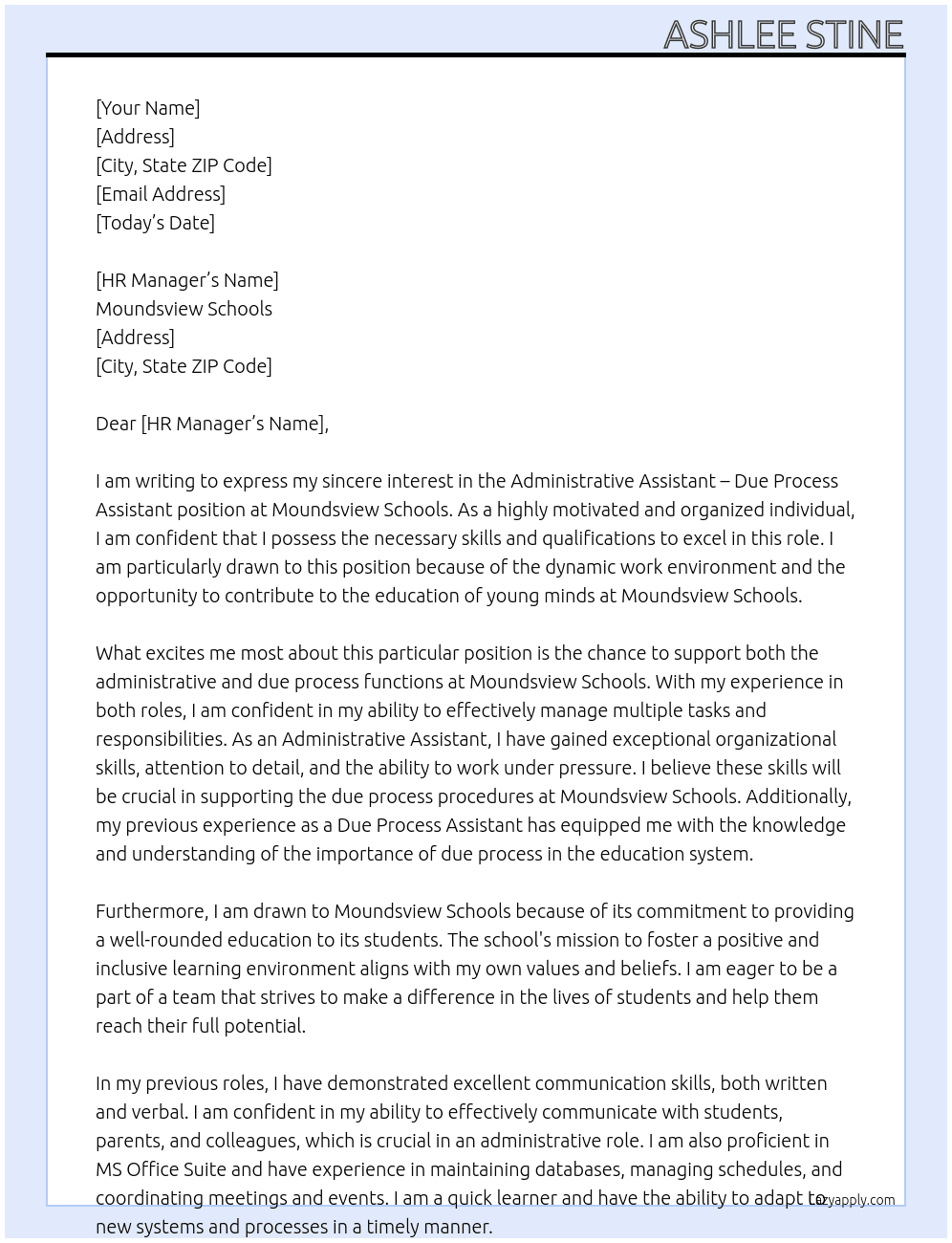 Administrative Assistant - Due Process Assistant At Moundsview Schools Cover Letter
