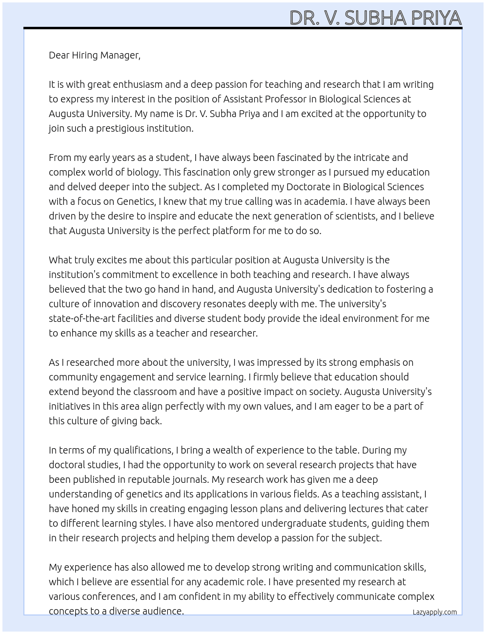 Assistant Professor in Biological Sciences At Augusta University Cover Letter