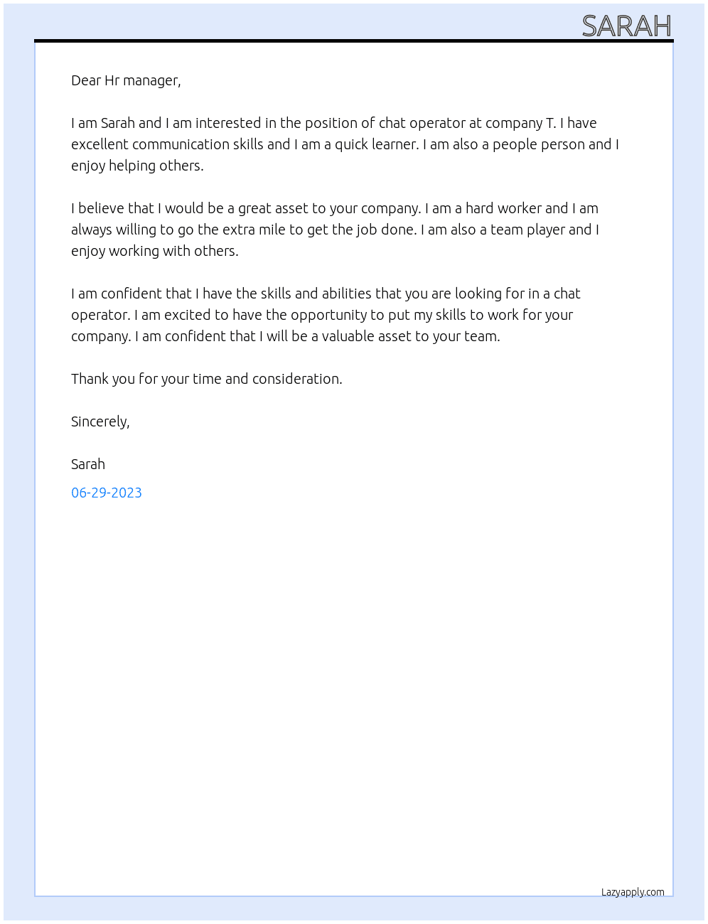 Chat operator  At T Cover Letter