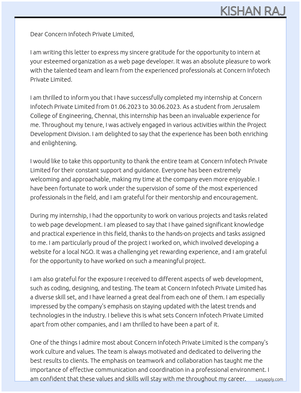 web page At Concern Infotech Private Limited  Cover Letter