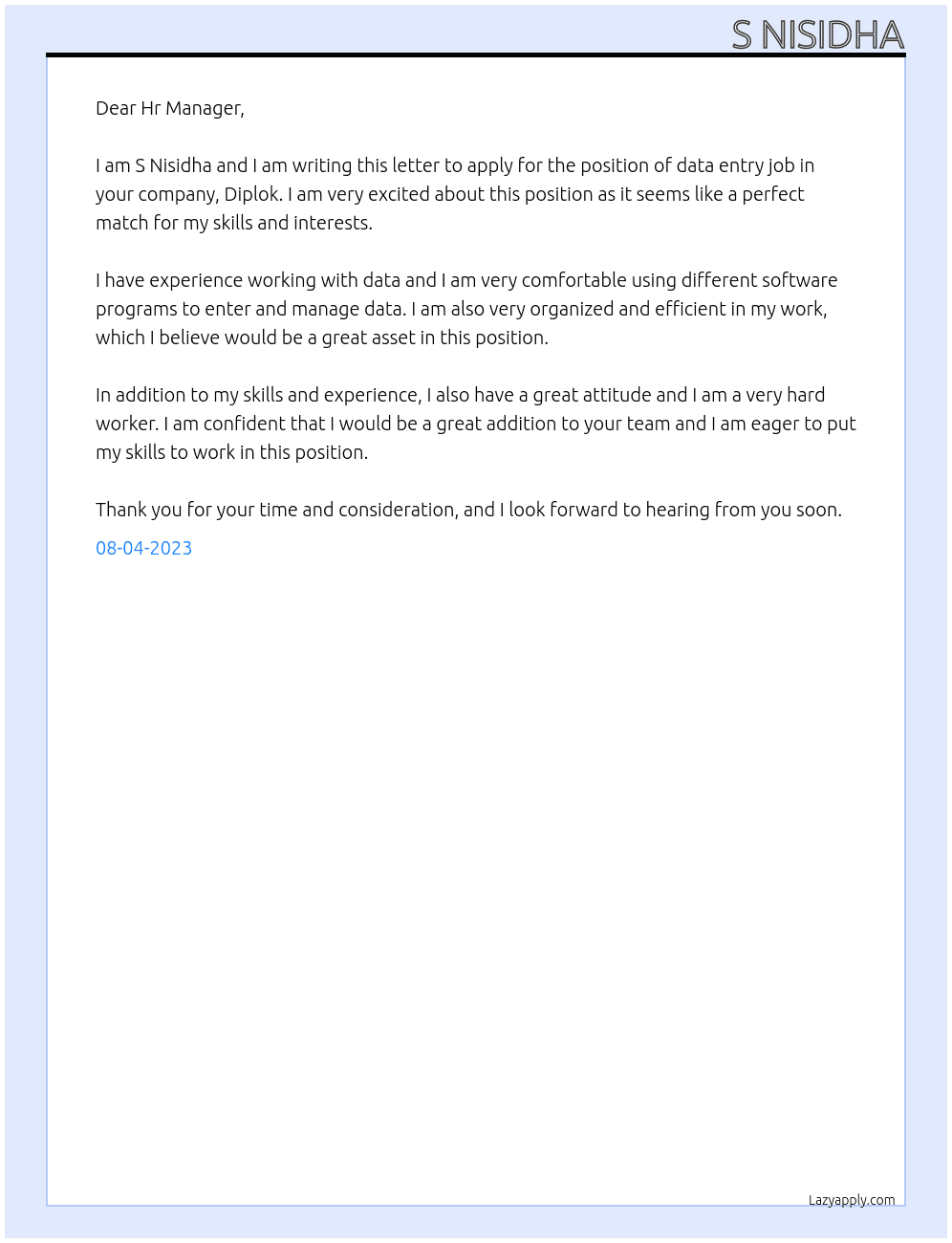 Data entry job  At Diplok  Cover Letter