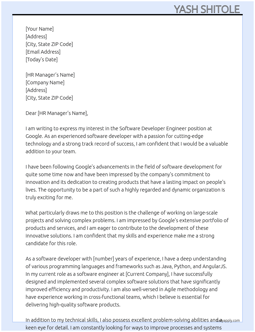 Software developer engineer  At Google Cover Letter