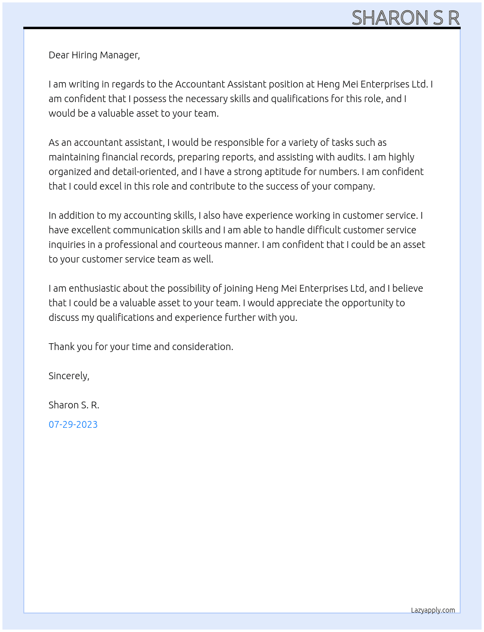 Accountant Assistant  At Heng Mei Enterprises Ltd Cover Letter