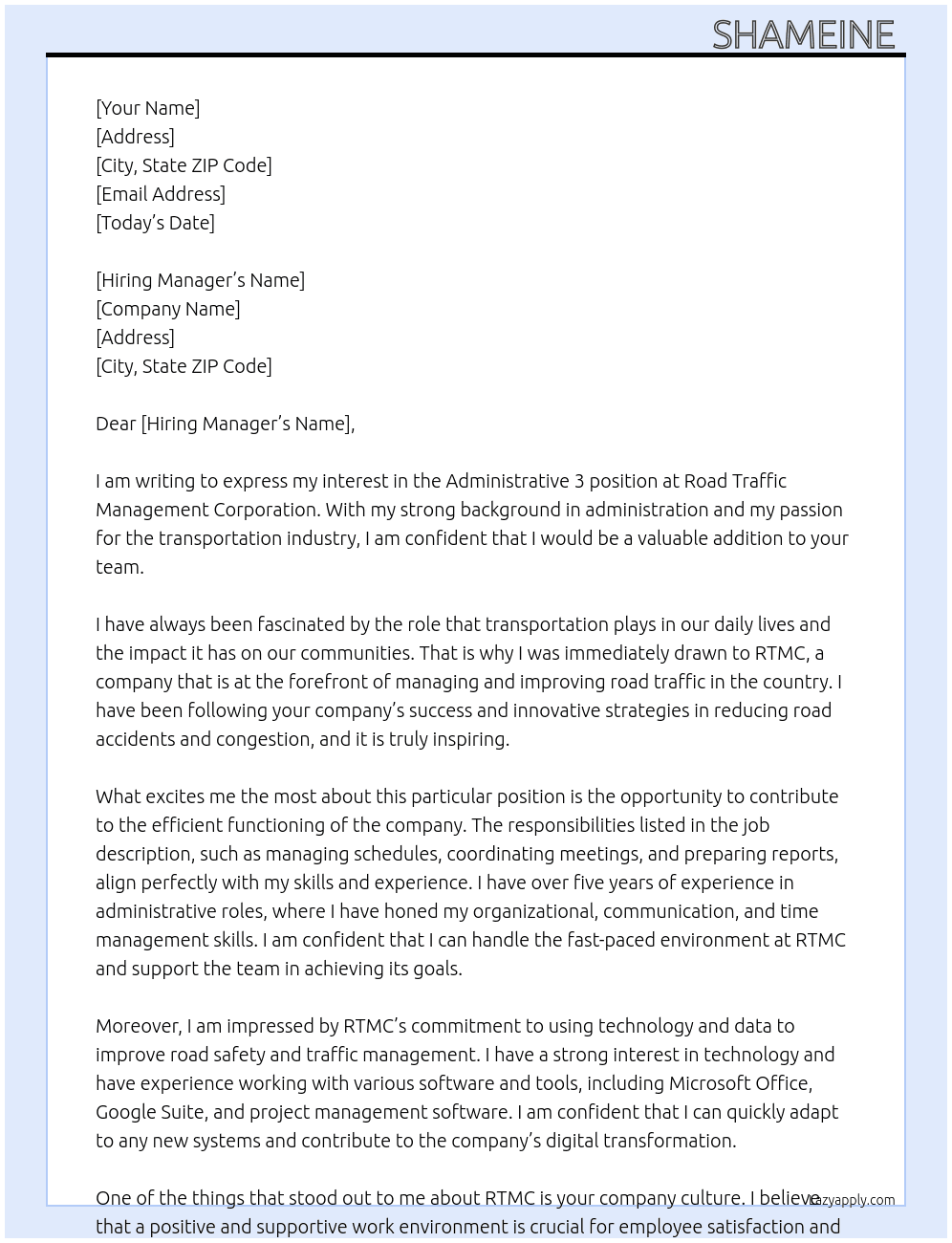Administrative 3 At Road traffic management corporation  Cover Letter