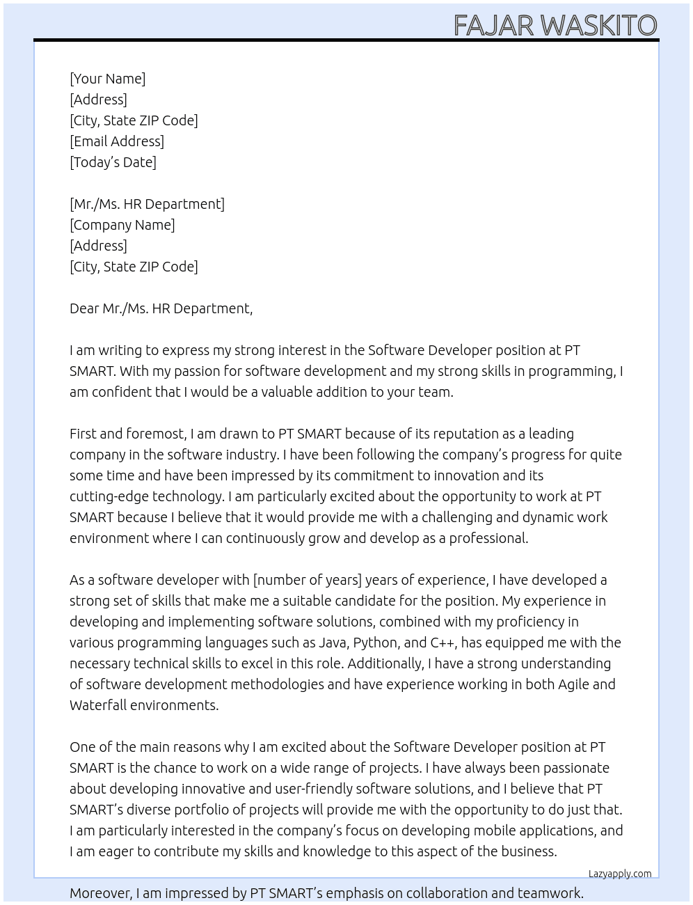 Software Developer At PT SMART Cover Letter