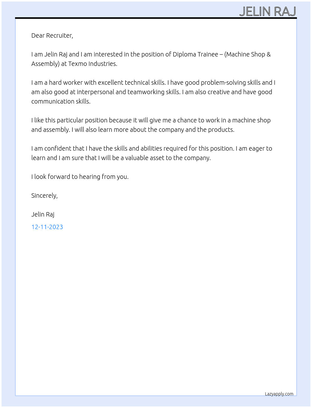Diploma Trainee – (Machine Shop & Assembly) At Texmo Industries Cover Letter