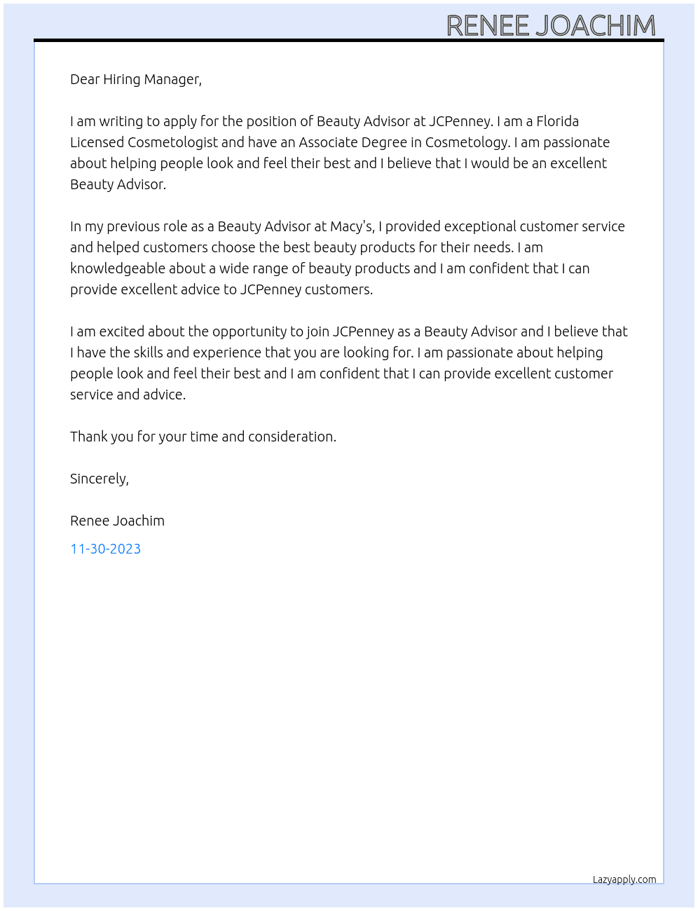 Beauty Advisor  At JCPENNEY  Cover Letter
