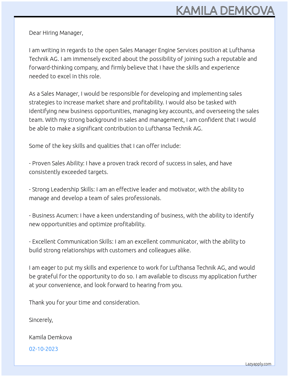 Sales Manager Engine Services At Lufthansa Technik AG Cover Letter
