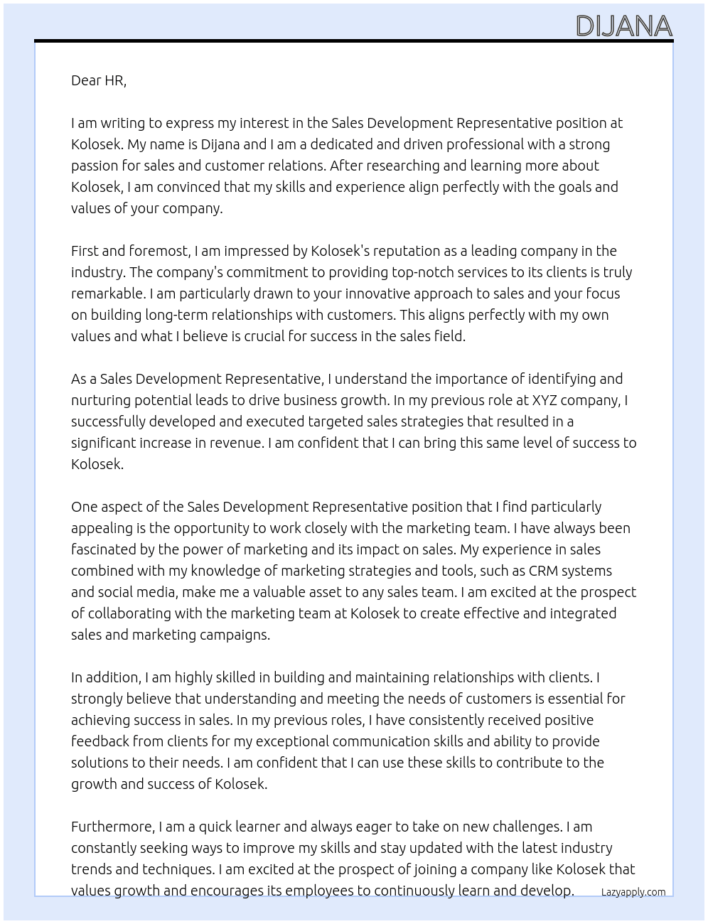 Sales Development Representative At Kolosek Cover Letter