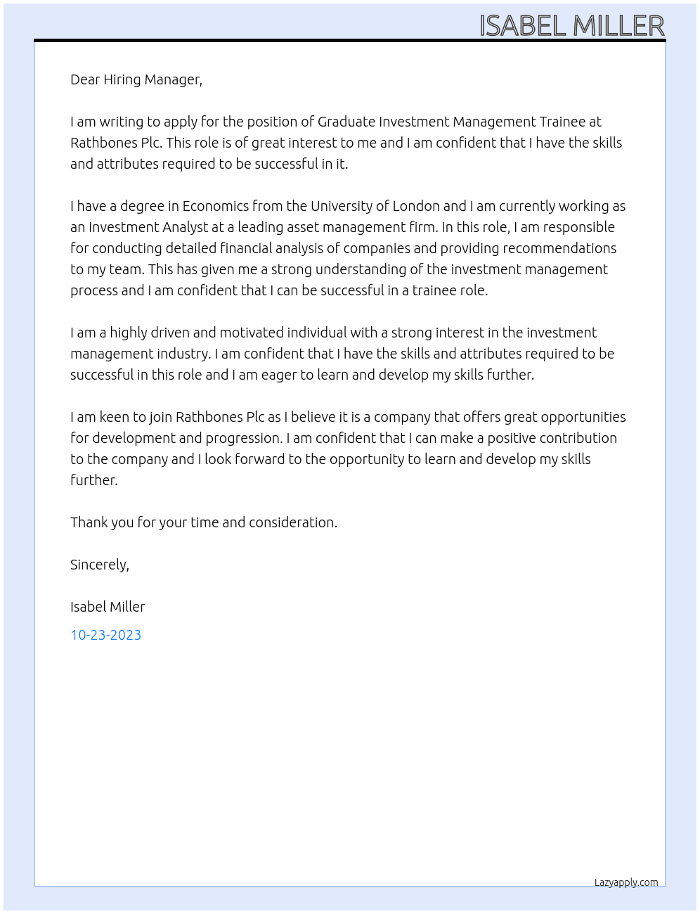 Graduate Investment Management Trainee At Rathbones Plc Cover Letter