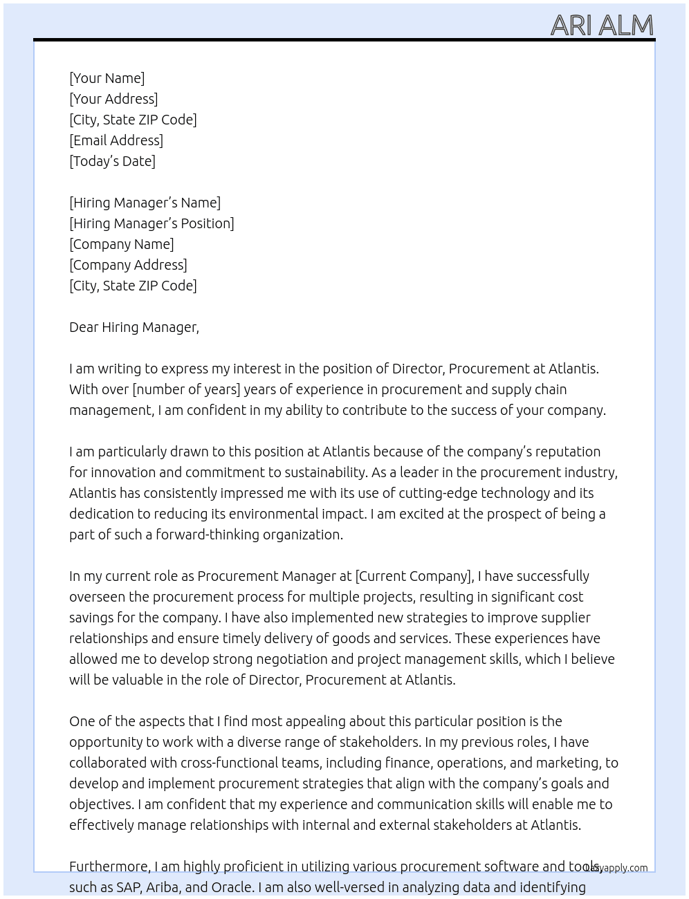 Director, Procurement  At Atlantis Cover Letter