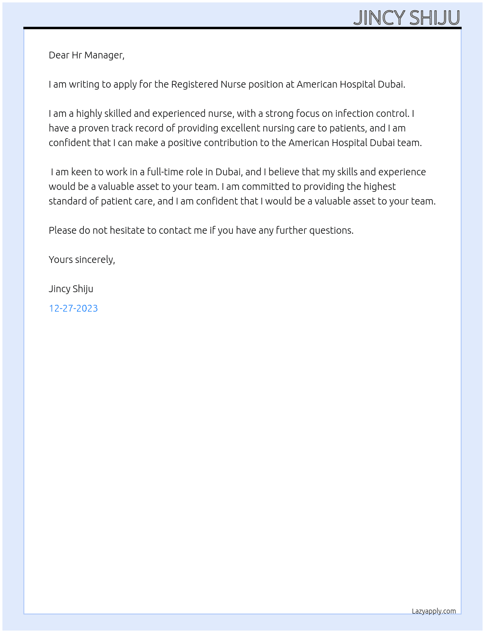 Registered Nurse At American Hospital Dubai Cover Letter