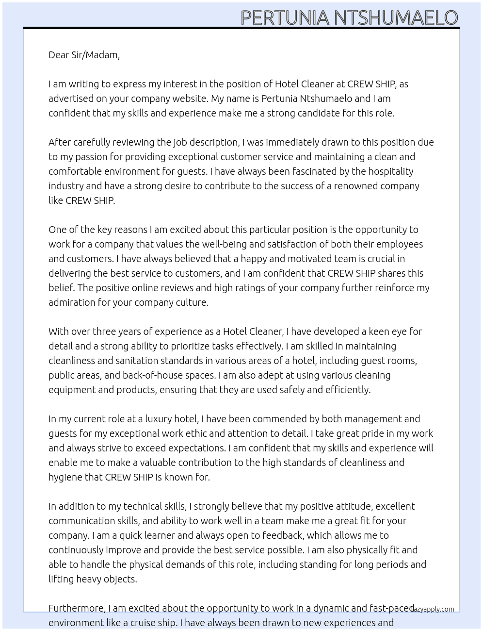 HOTEL CLEANER  At CREW SHIP  Cover Letter