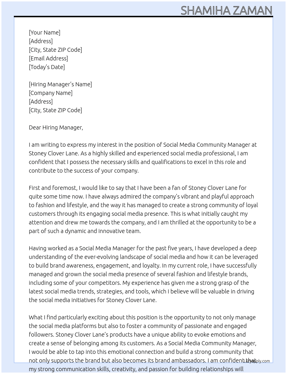 Social Media Community Manager At Stoney Clover Lane Cover Letter