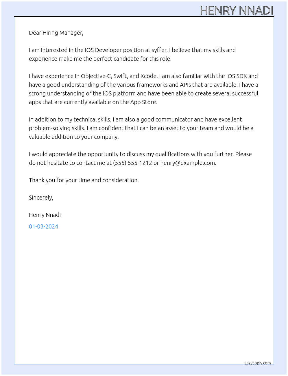 iOS Developer At syffer Cover Letter