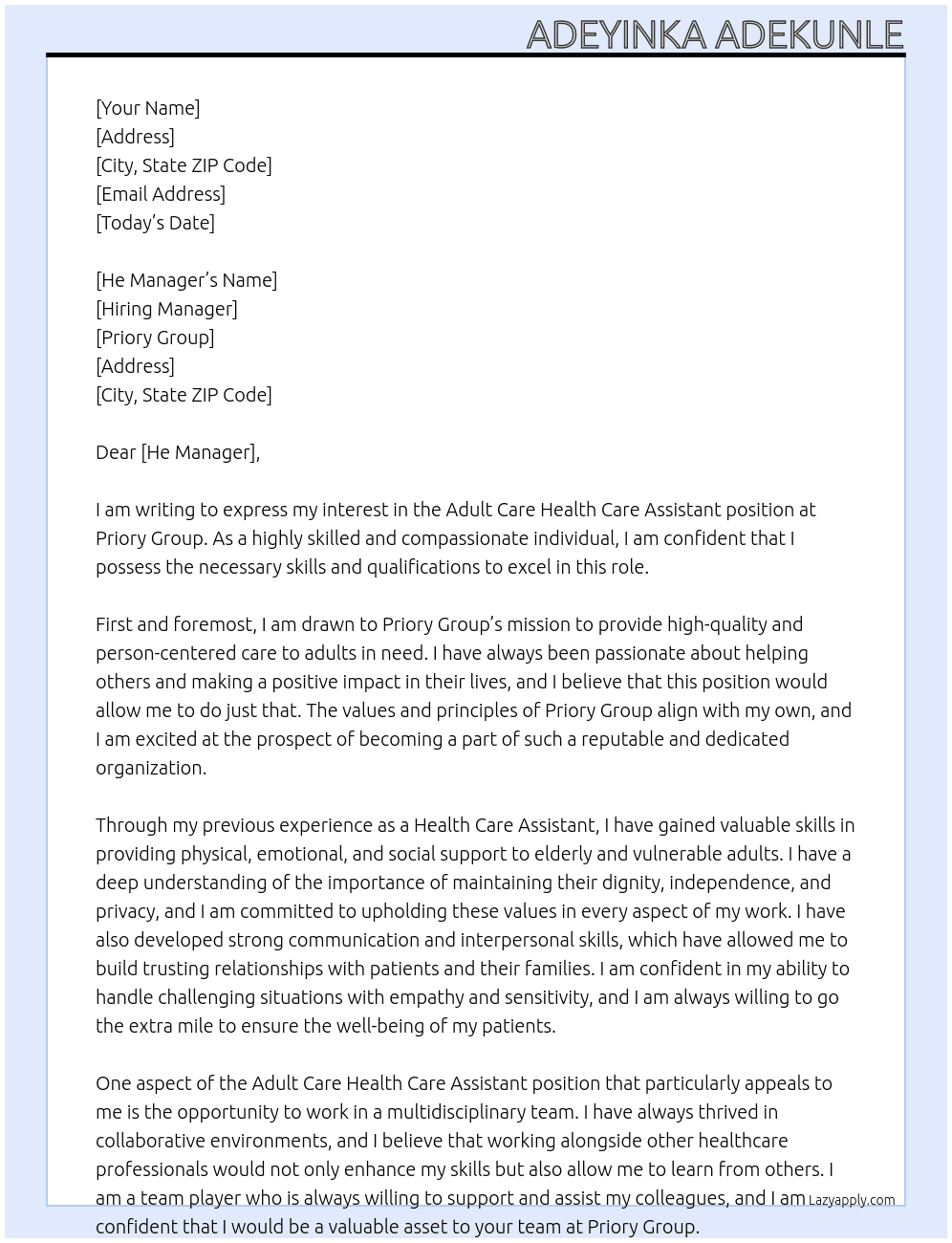 Adult care Health Care Assistant  At Priory group  Cover Letter