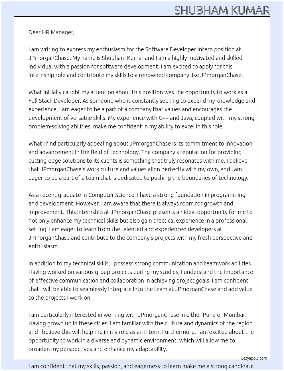 Software Developer Intern At JPmorganChase Cover Letter