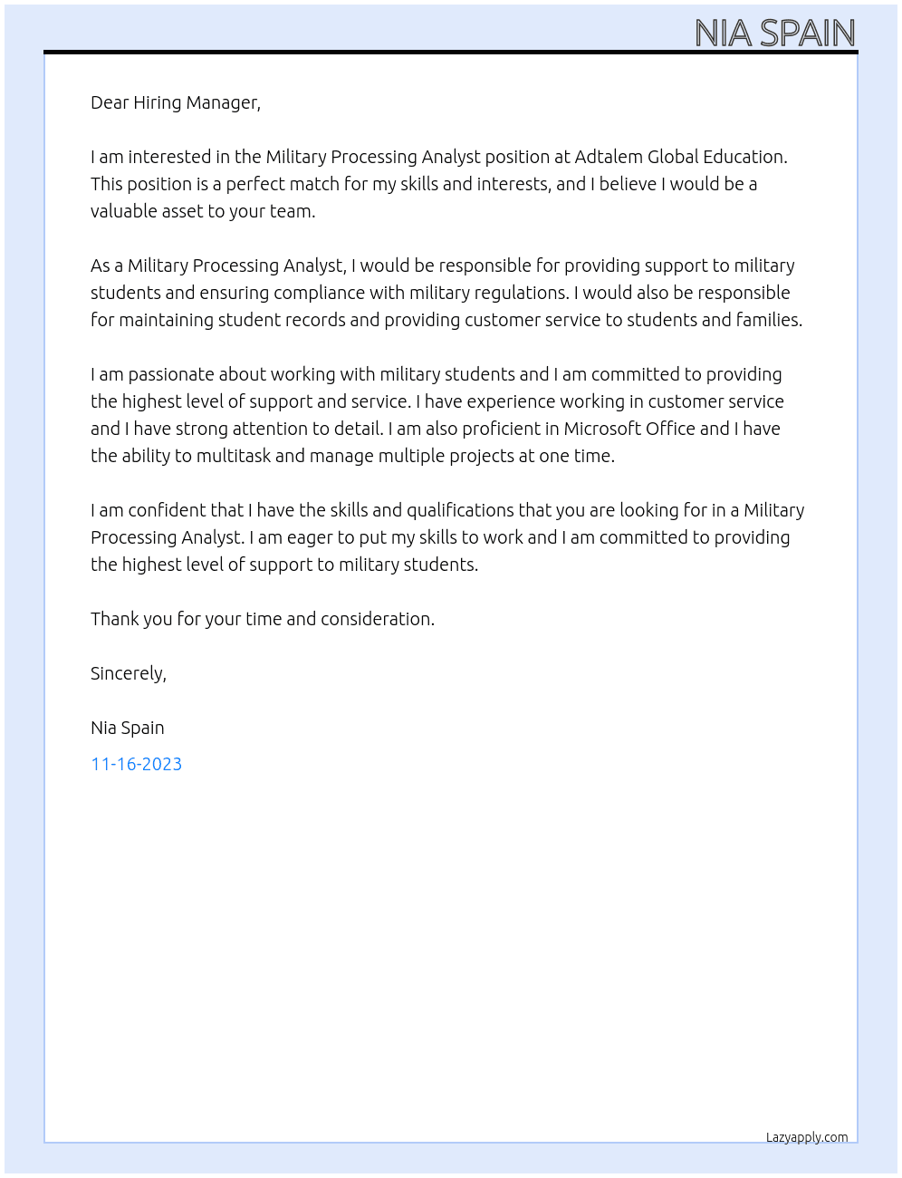 Military processing analyst At Adtalem Global Education Cover Letter