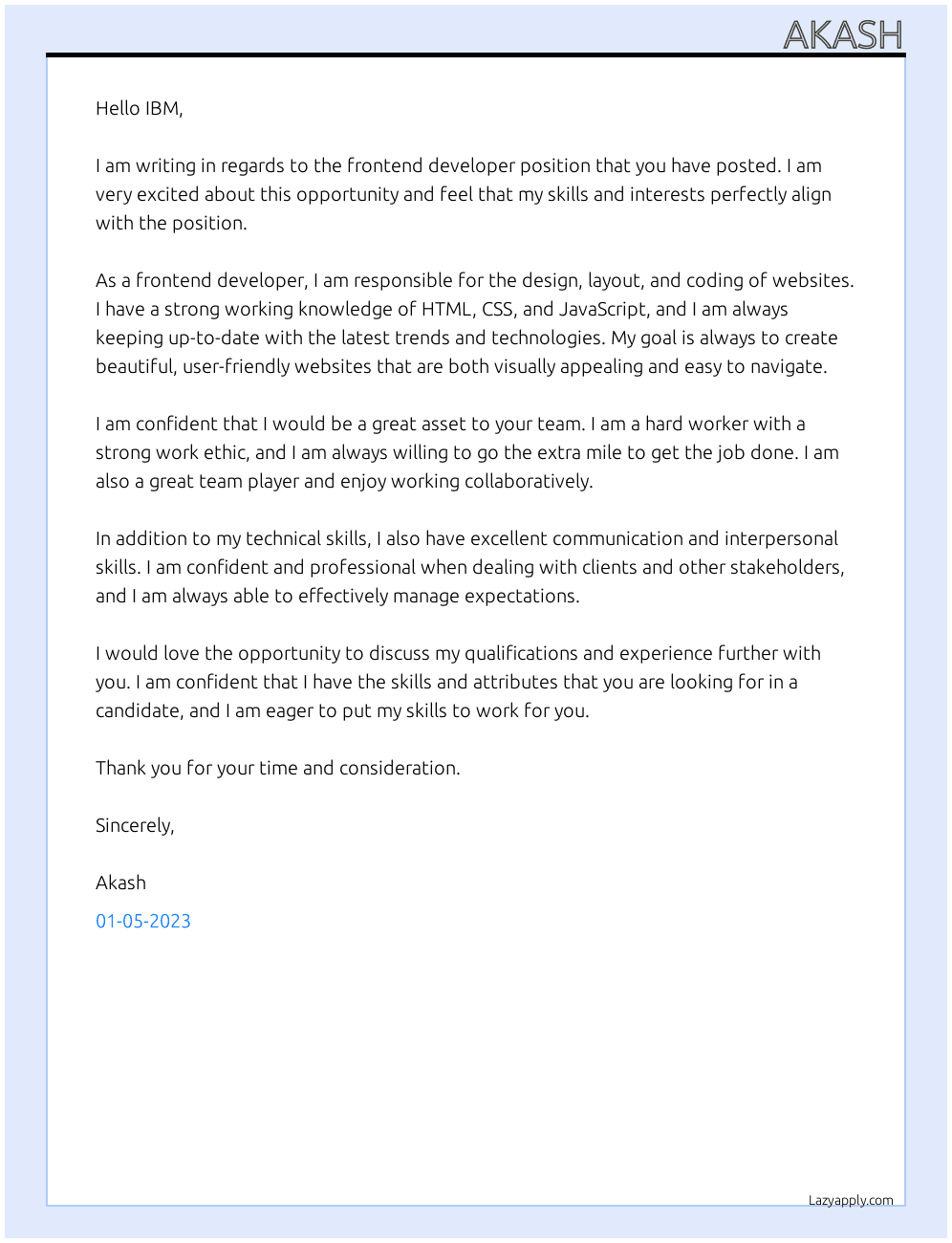 frontend devloper At IBM Cover Letter