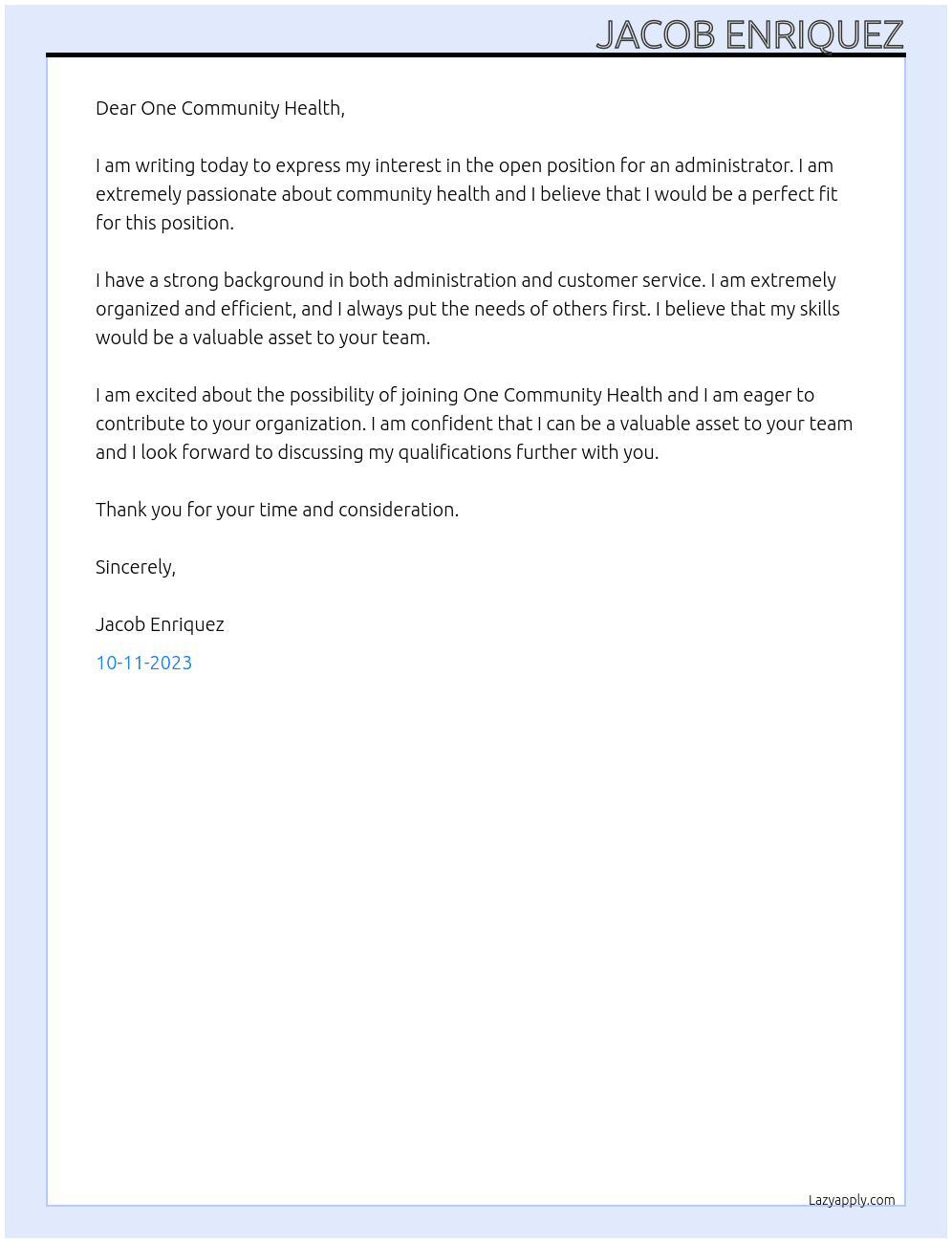 administration  At one community health Cover Letter