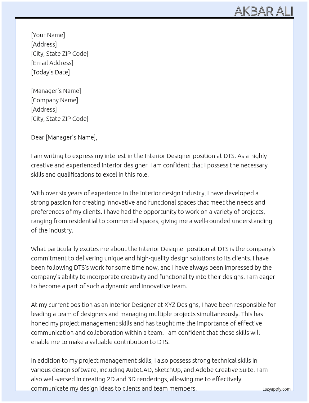 interior designer At DTS  Cover Letter