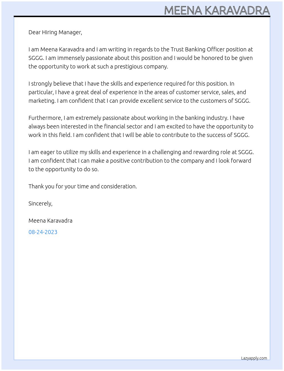 Trust Banking Officer At SGGG Cover Letter