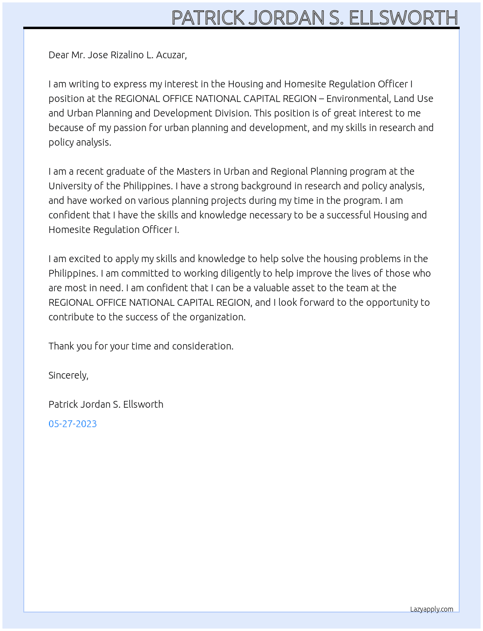 Housing and Homesite Regulation Officer I At REGIONAL OFFICE NATIONAL CAPITAL REGION – Environmental, Land Use and Urban Planning and Development Division Cover Letter