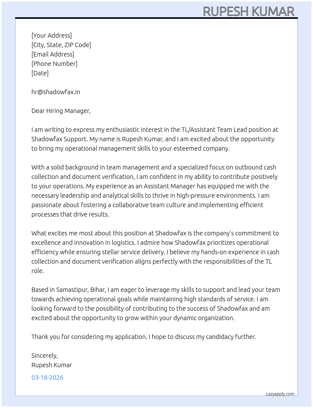 Cover letter for tl and assistant team lead - LazyApply
