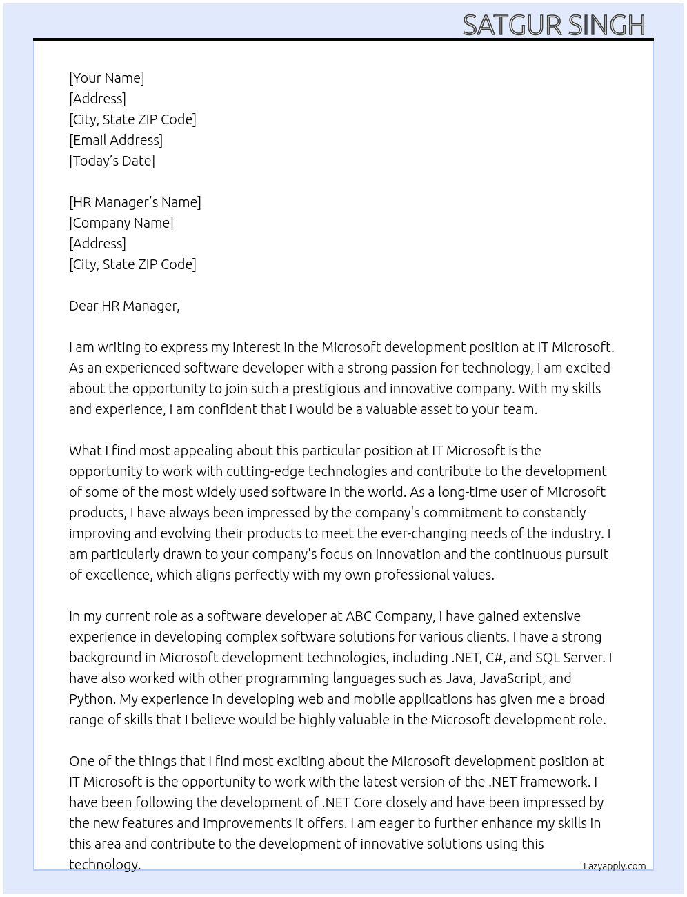Microsoft development  At IT Microsoft  Cover Letter