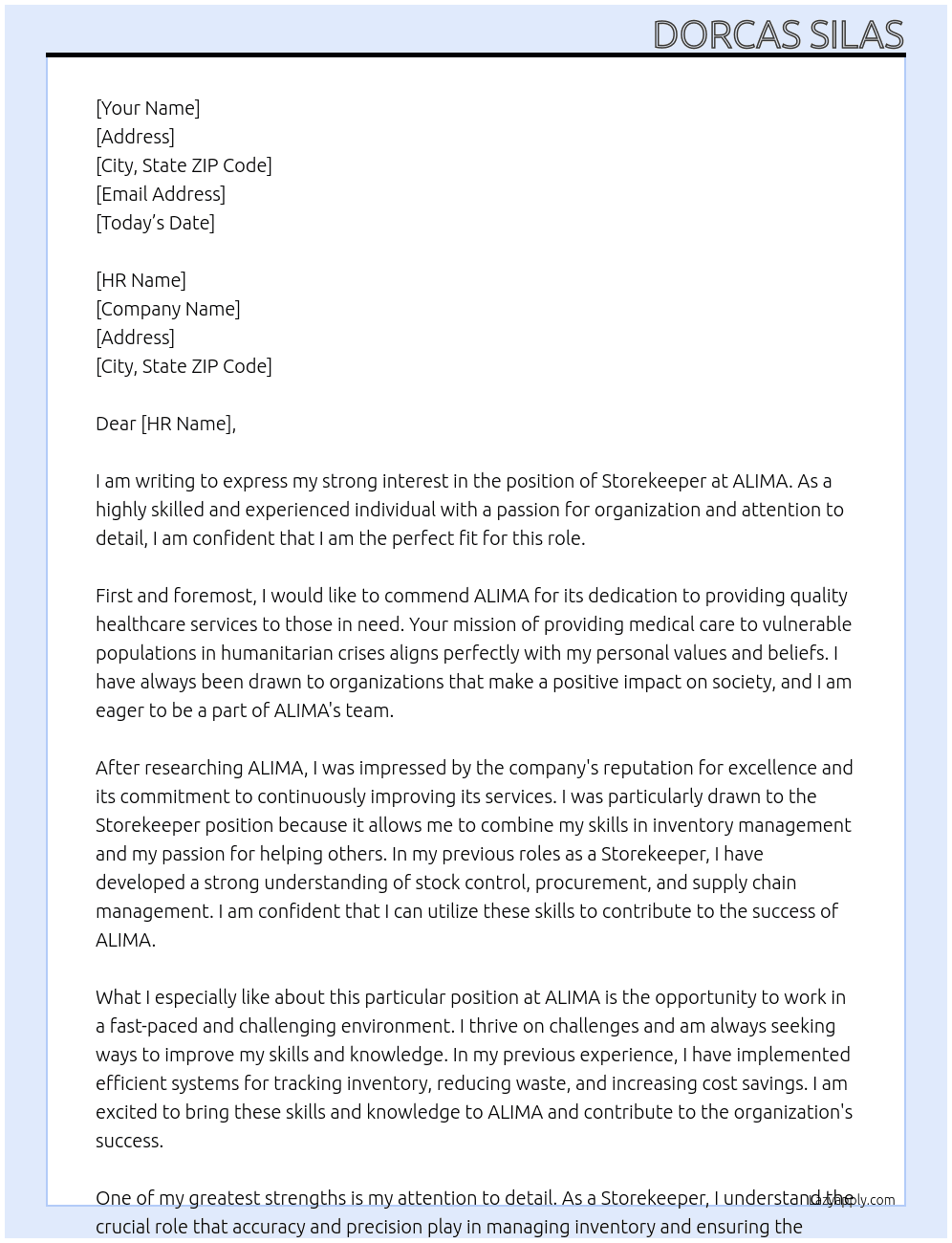 Storekeeper At ALIMA Cover Letter