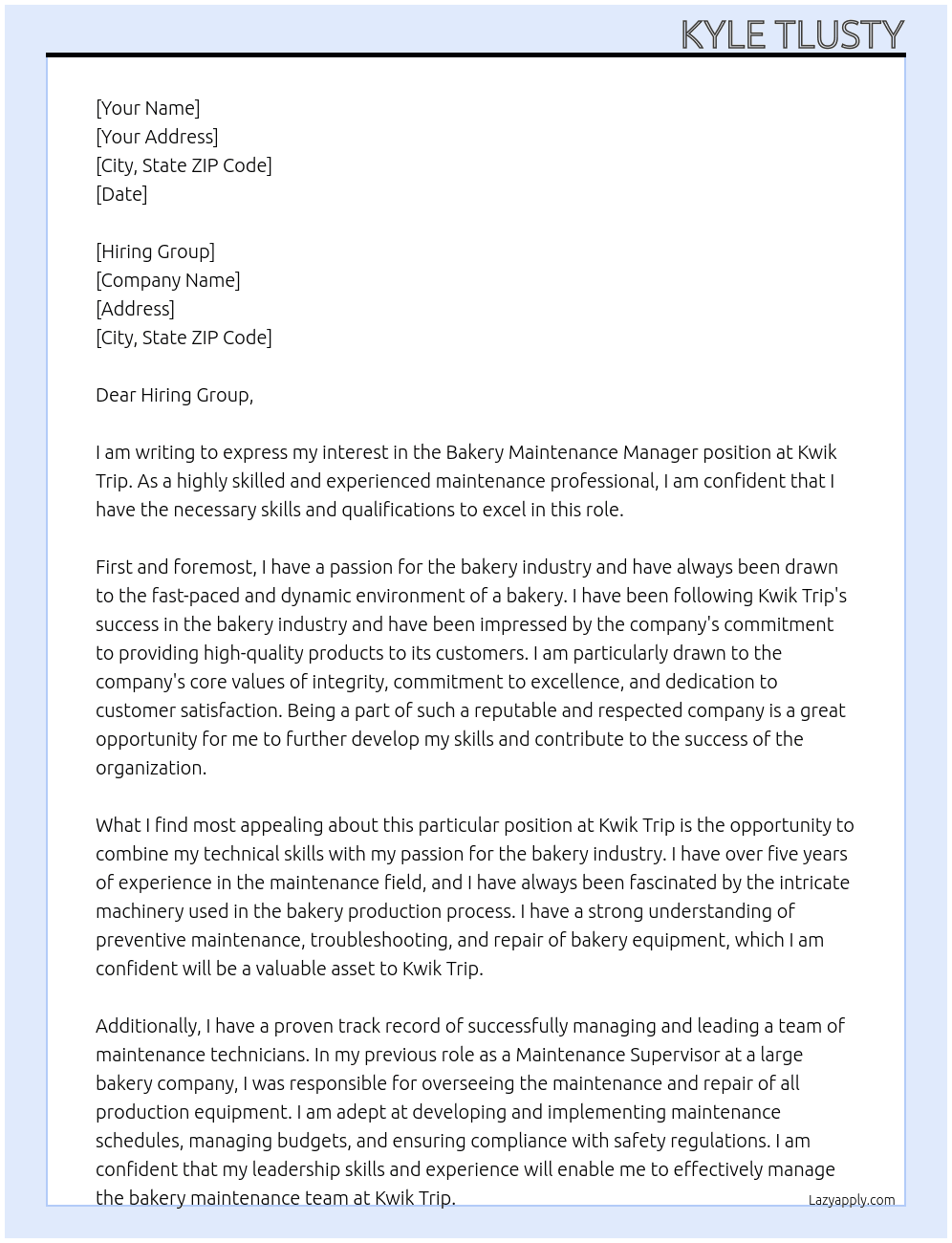 Bakery Maintenance Manager At Kwik Trip Cover Letter