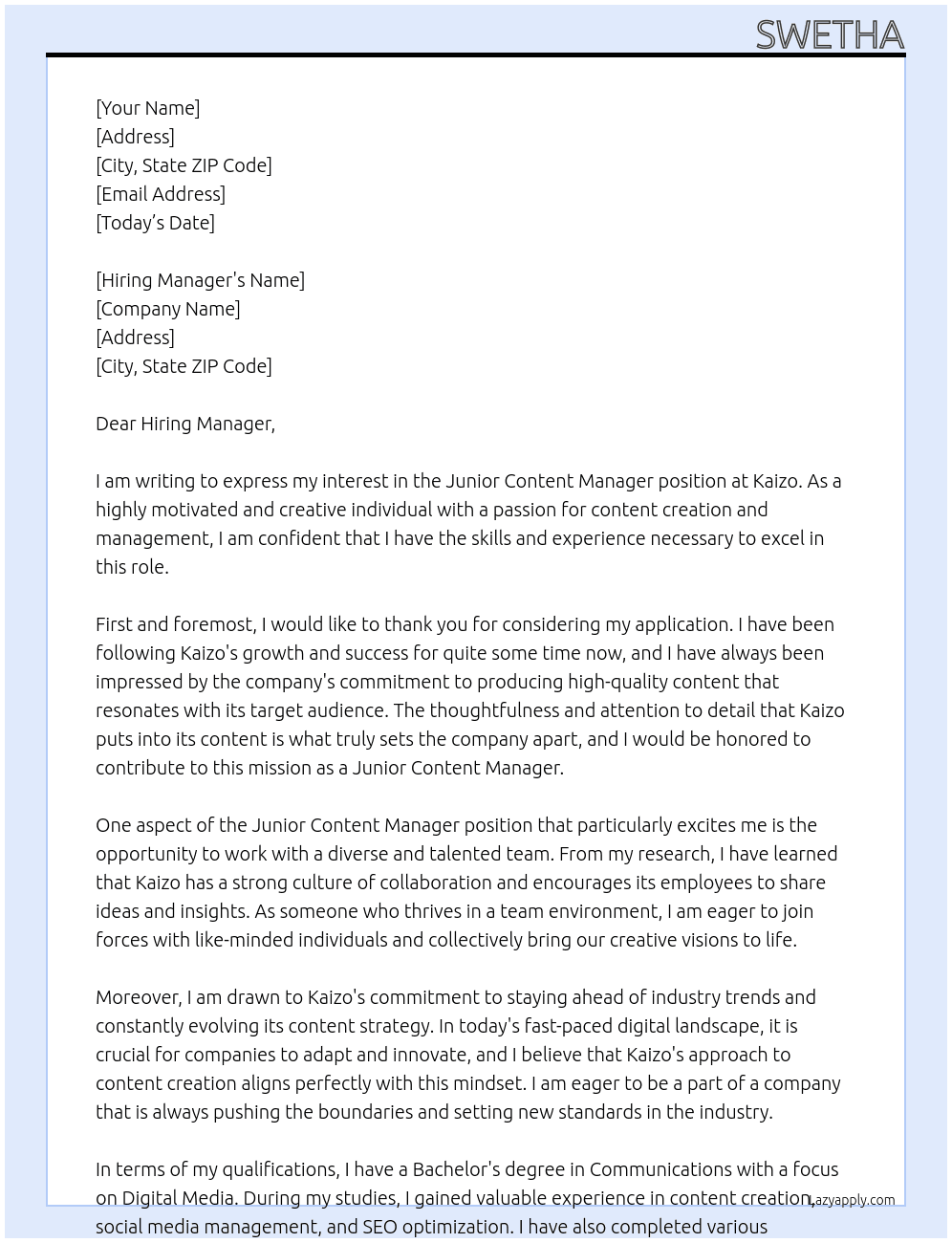 Junior Content Manager At Kaizo Cover Letter