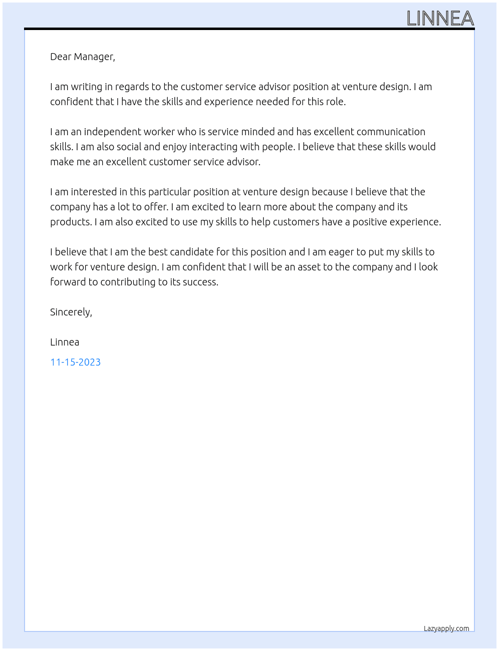 customer service advisor  At venture design Cover Letter