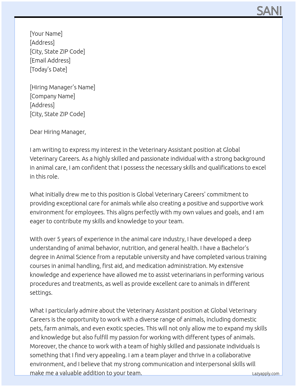Veterinary Assistant At Global Veterinary Careers Cover Letter