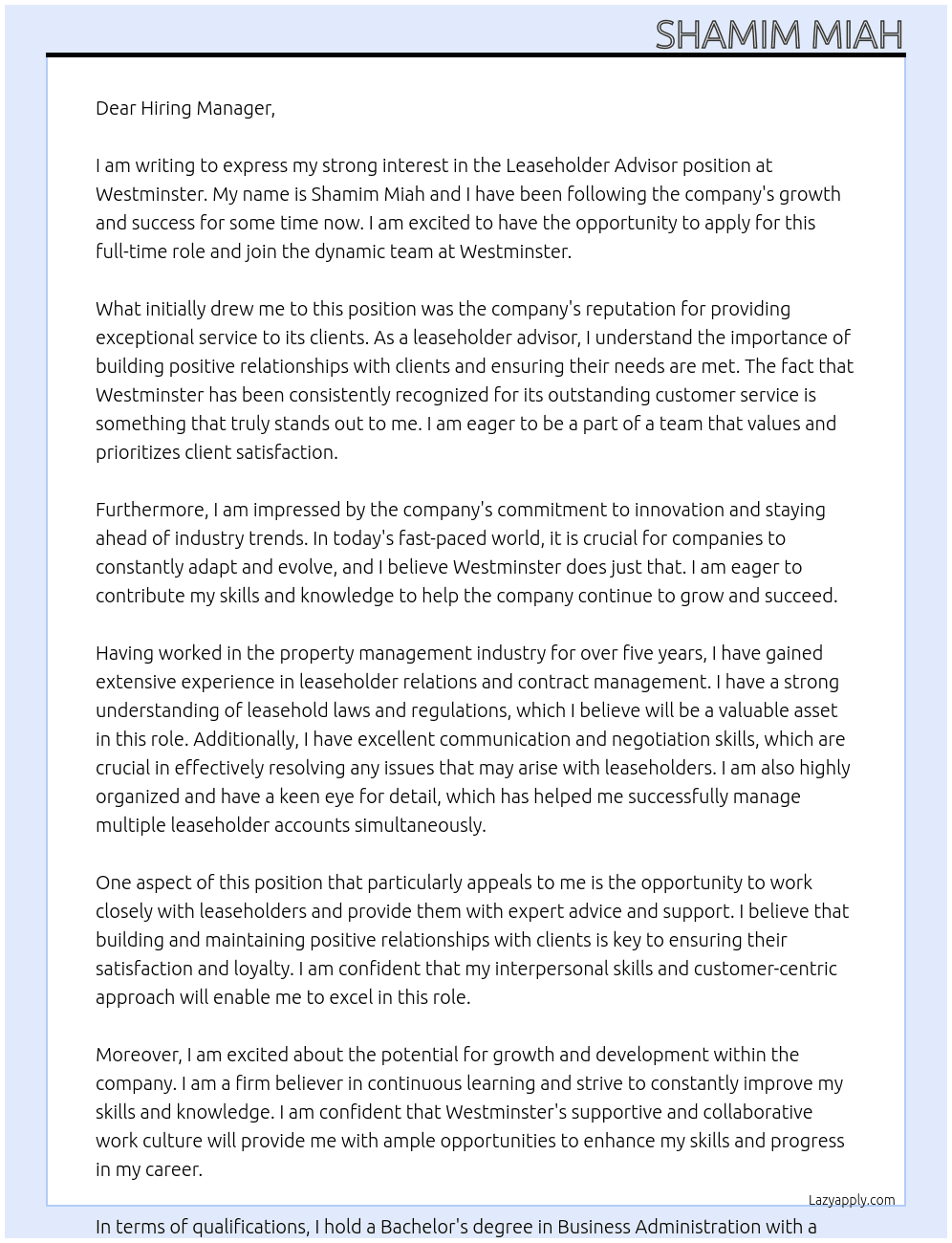 leaseholder advisor At Westminster  Cover Letter