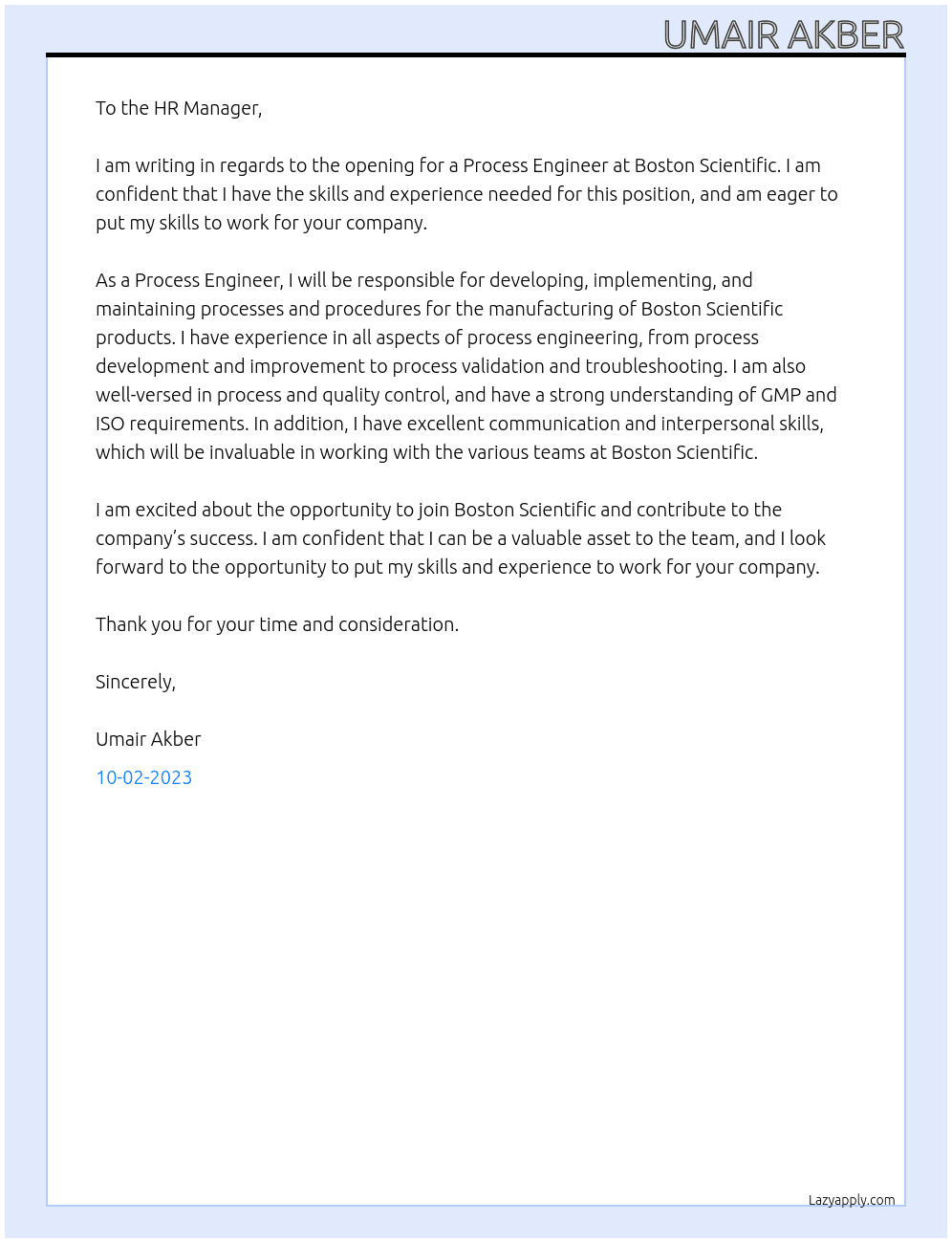 process engineer At boston scientific Cover Letter