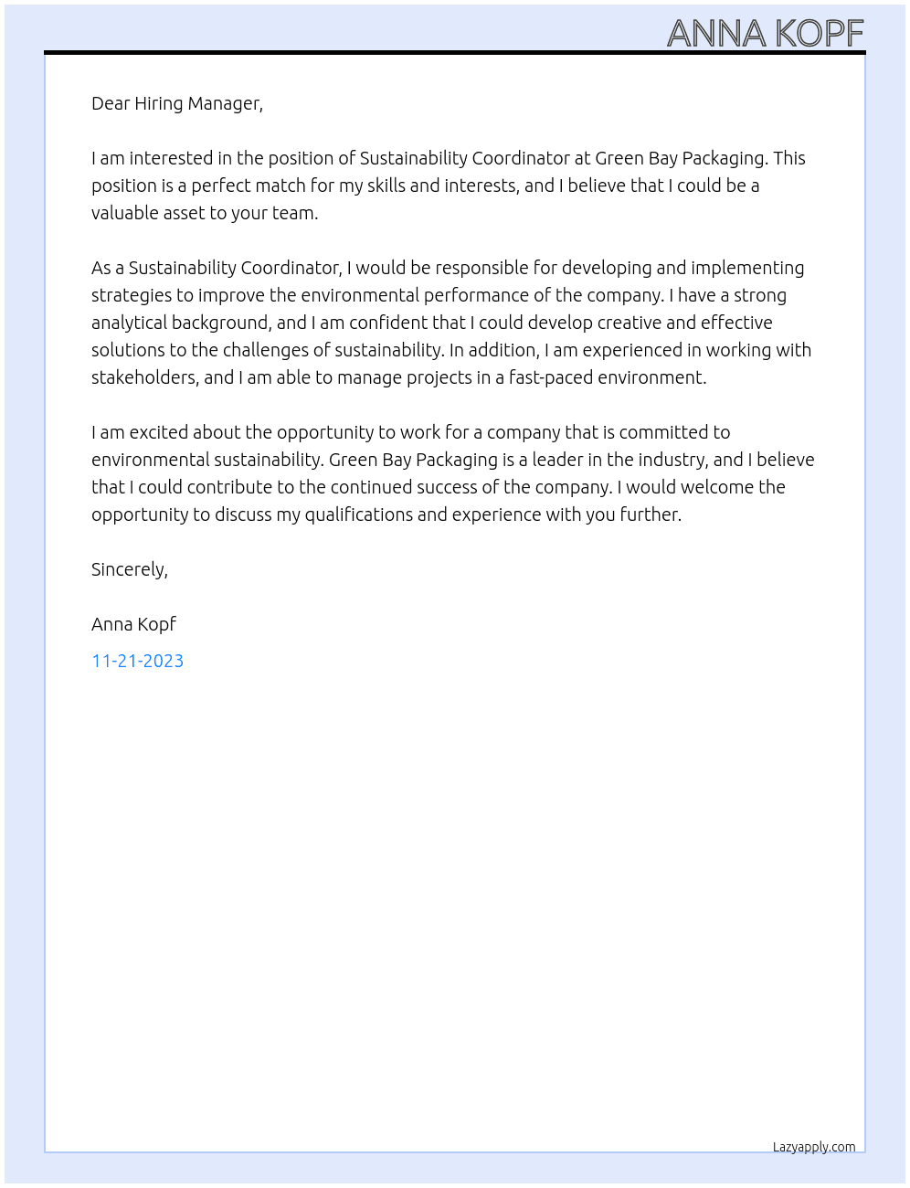 Sustainability Coordinator At Green Bay Packaging Cover Letter
