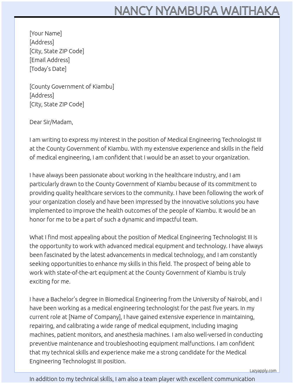 medical engineering technologist III At Nancy Nyambura waithaka Cover Letter