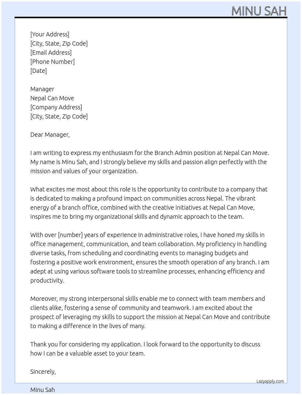 Branch admin At Nepal Can Move Cover Letter