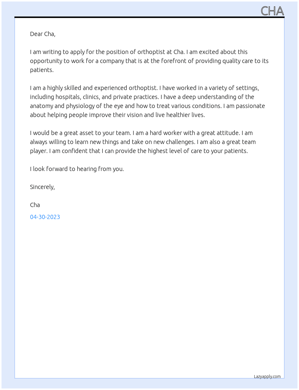 Orthoptist At Cha Cover Letter