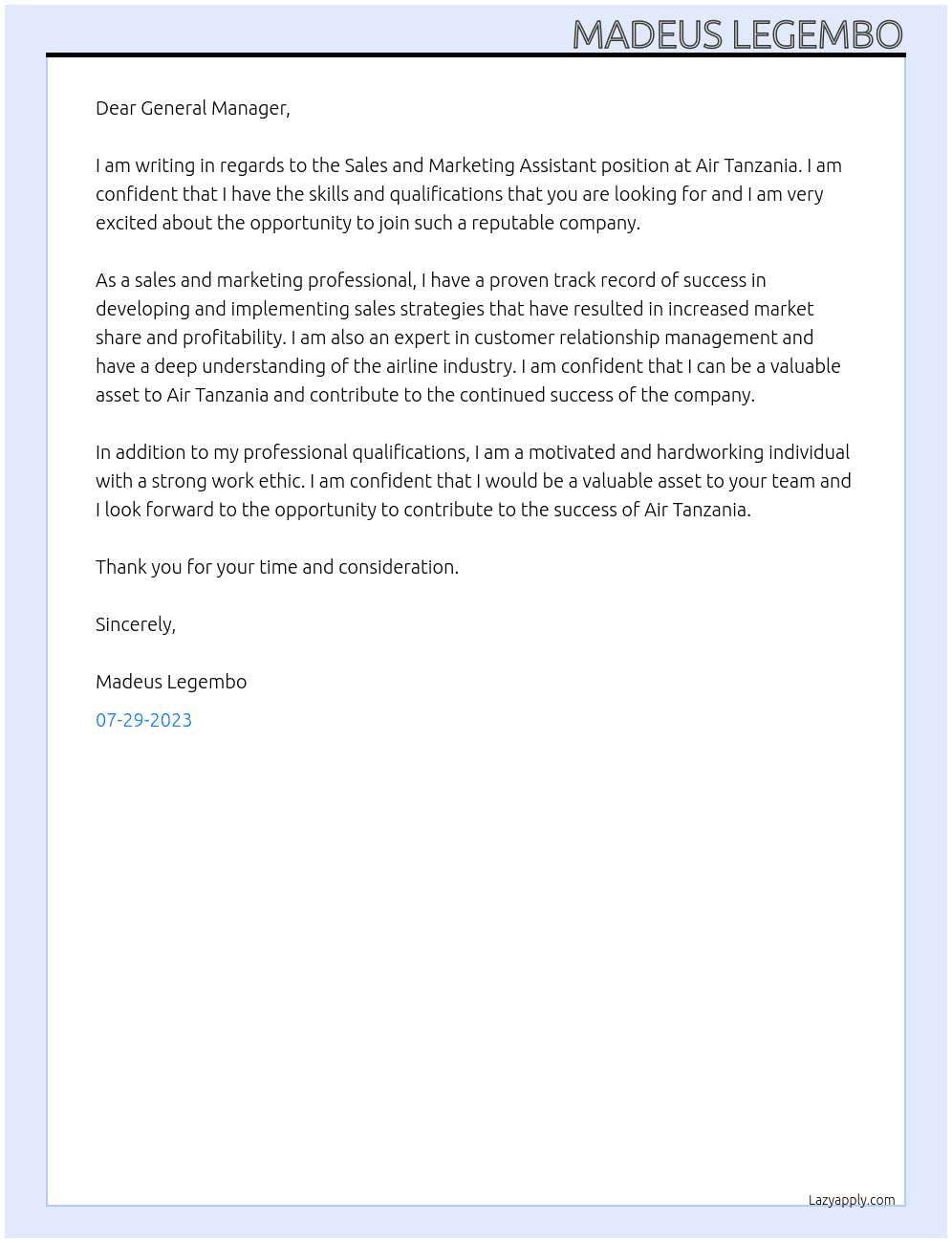 Sales and marketing assistant  At Air Tanzania  Cover Letter