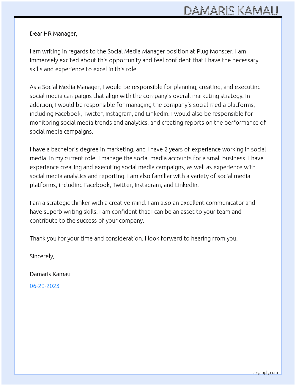 Social Media Manager  At Plug monster Cover Letter