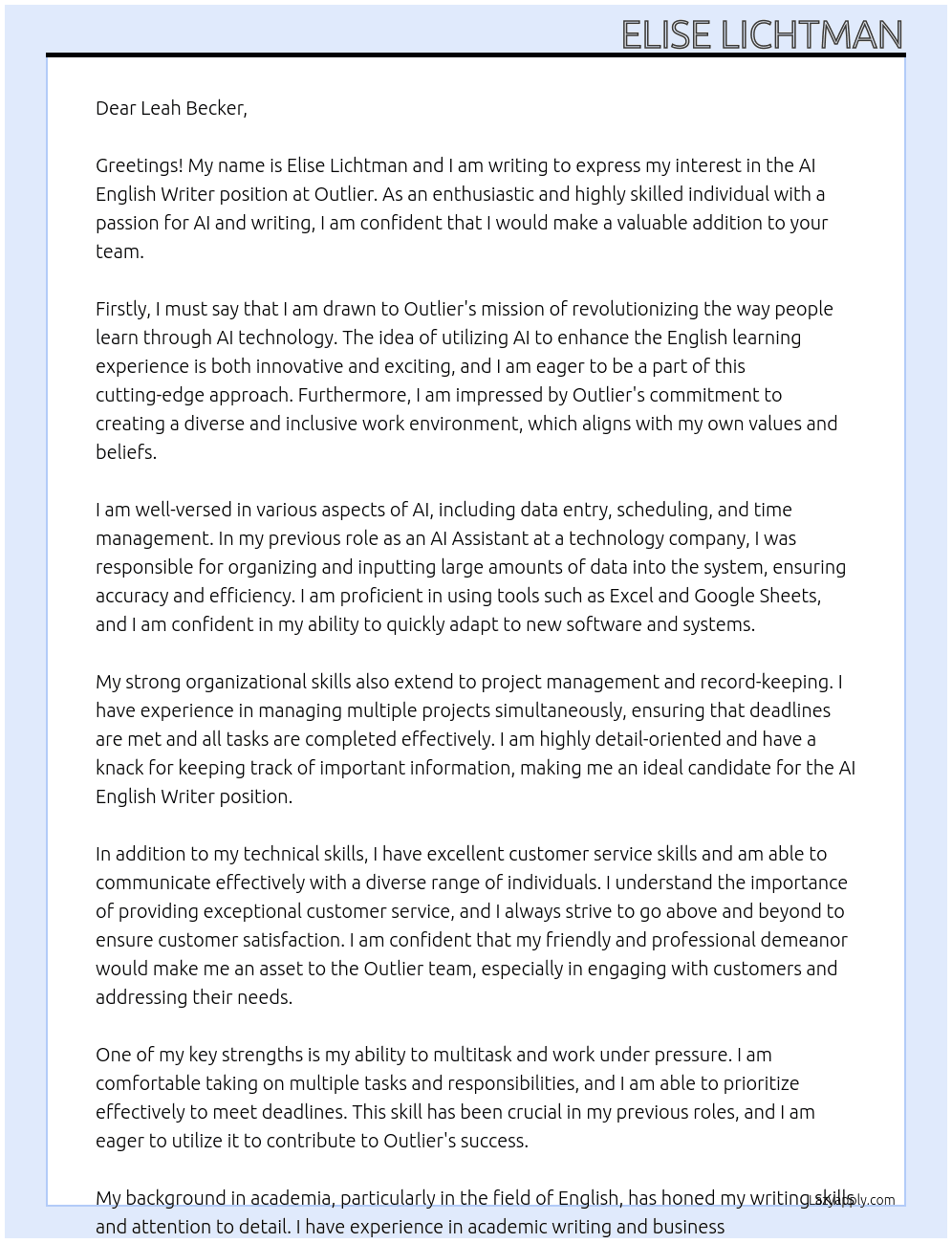 AI English Writer At Outlier Cover Letter