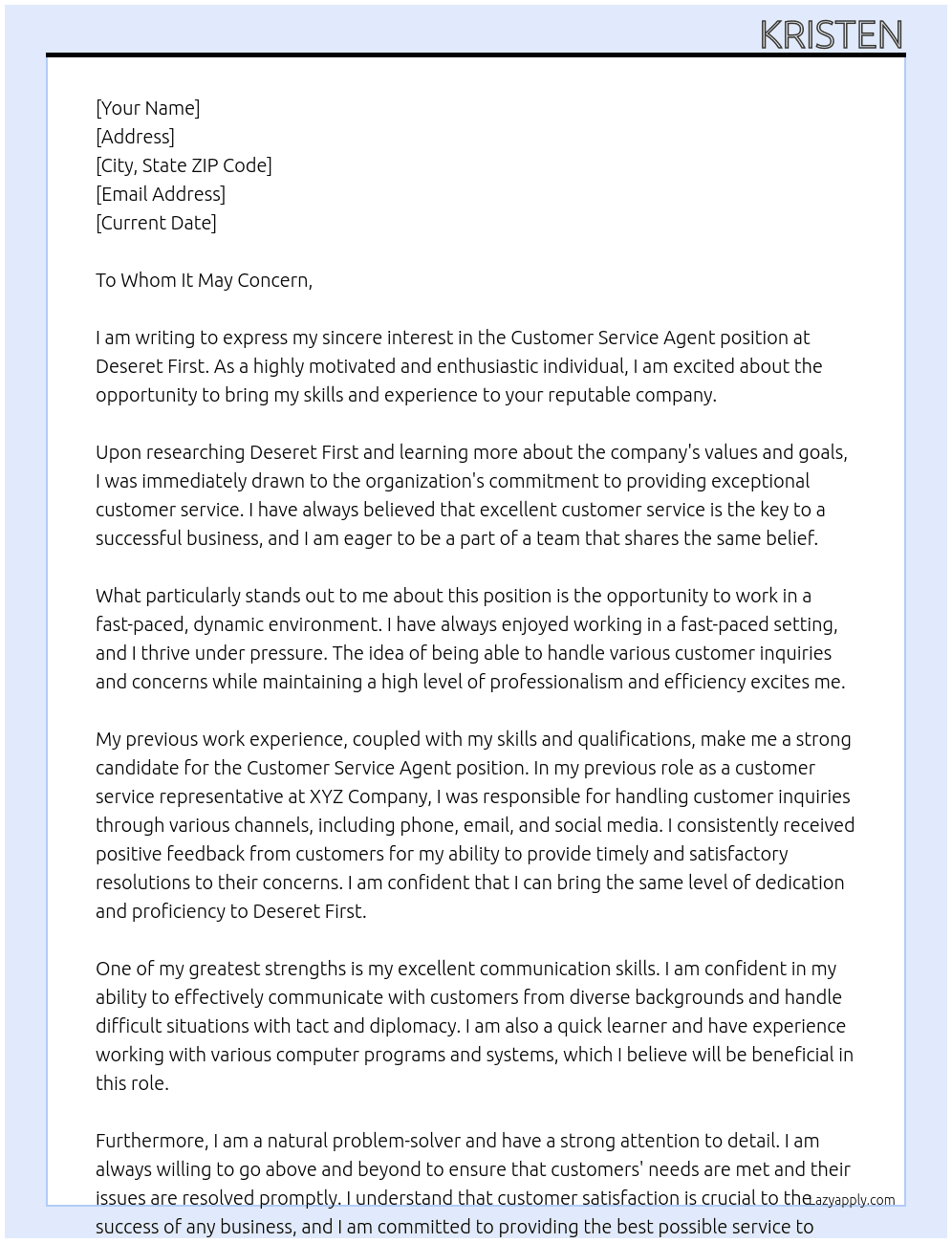Customer Service agent At Deseret first Cover Letter