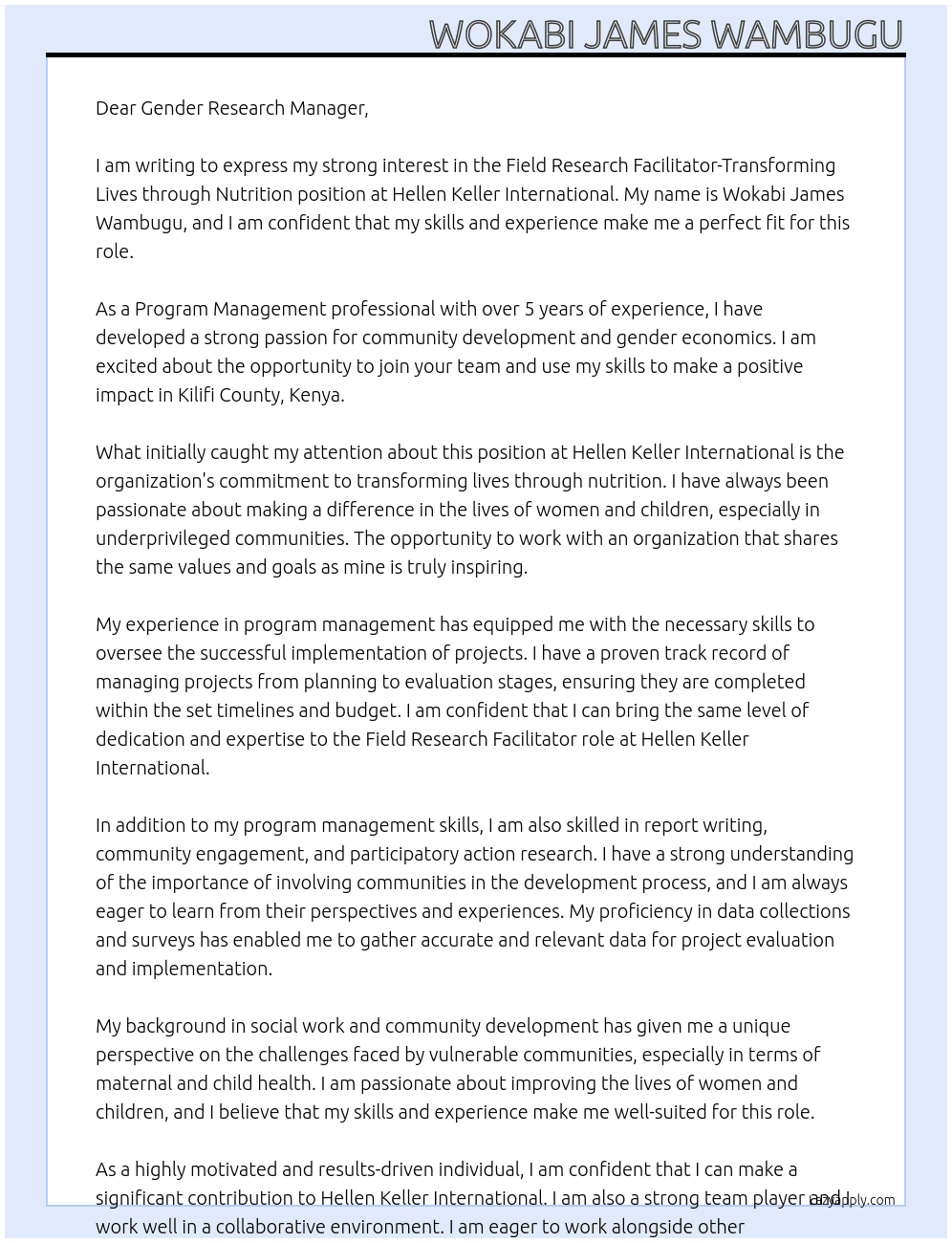  Field Research Facilitator-Transforming Lives through Nutrition At HELLEN KELLER INTERNATIONAL Cover Letter