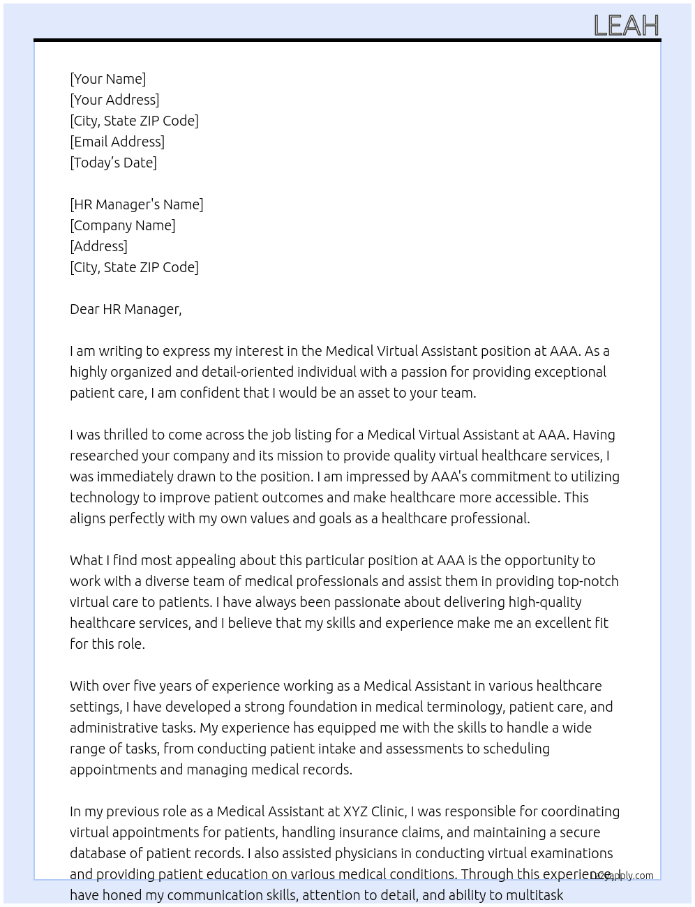 Medical Virtual Assistant At AAA Cover Letter
