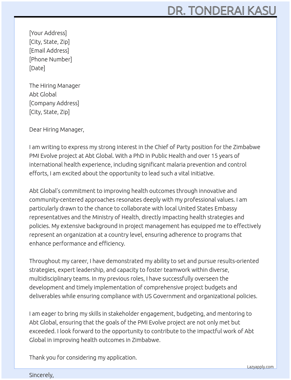 Chief of Party, Zimbabwe PMI Evolve At Abt Global Cover Letter