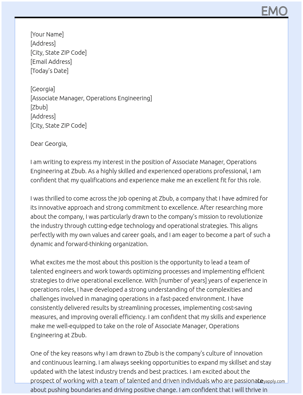 Associate Manager, Operations Engineering At Zbub Cover Letter