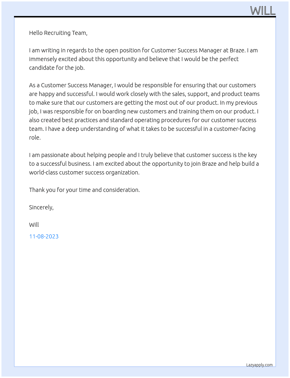 Customer Success Manager At Braze Cover Letter
