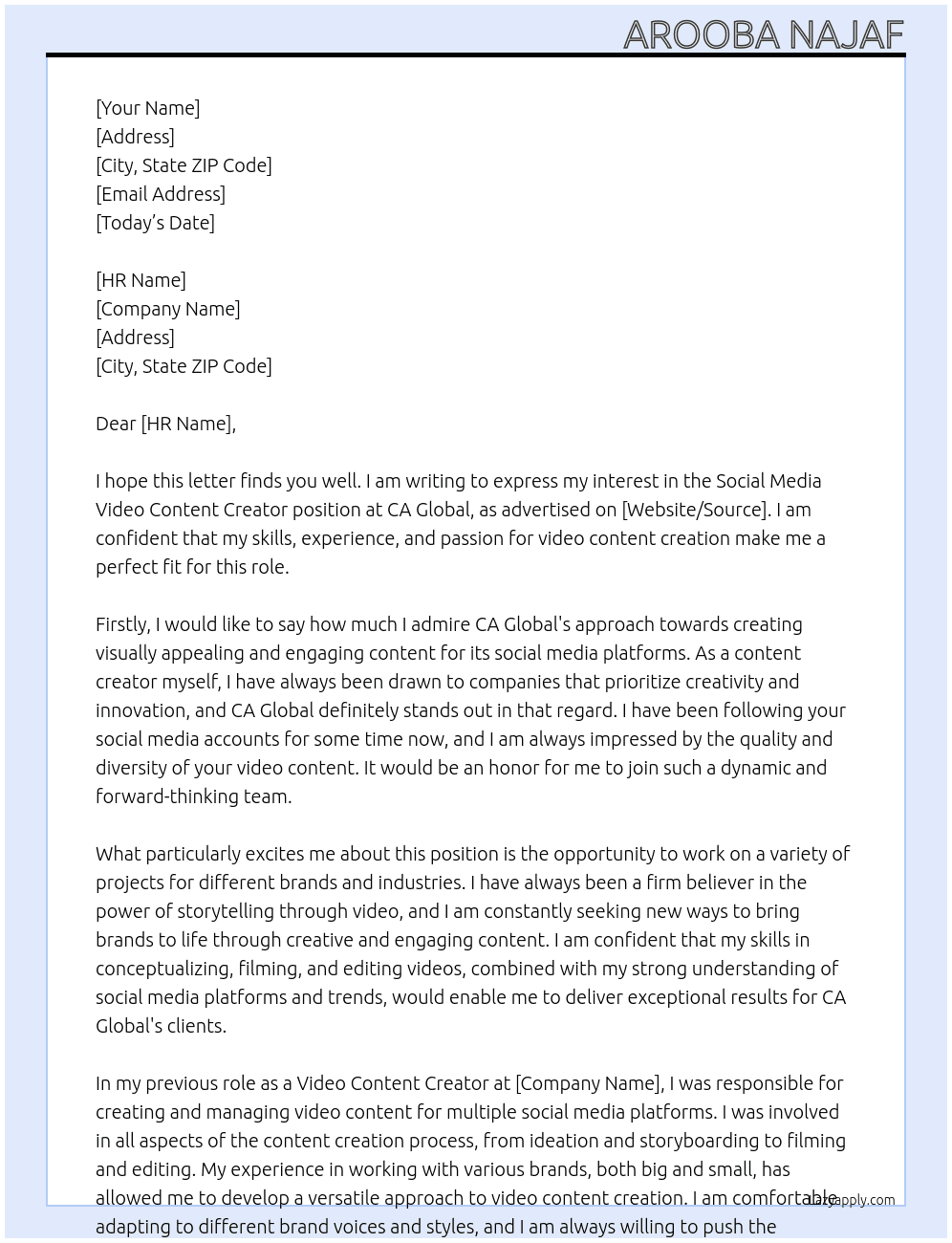 Social Media Video Content Creator At CA Global Cover Letter